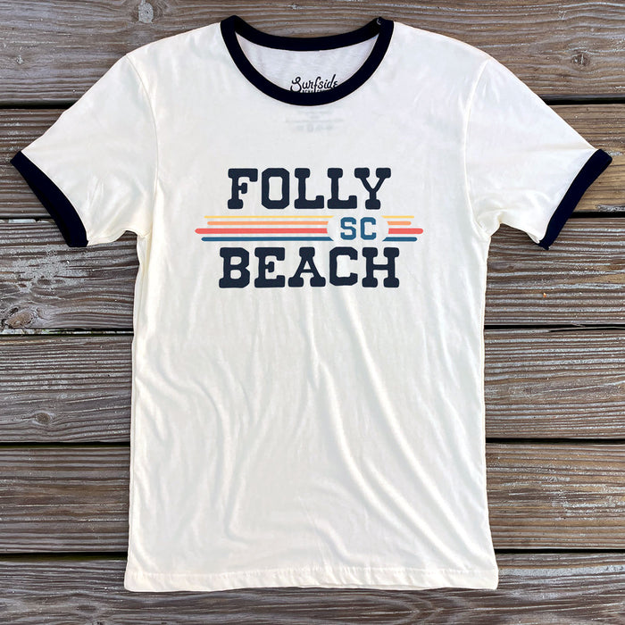 Folly Beach, SC (Vintage Sunset) Unisex Ringer T-Shirt