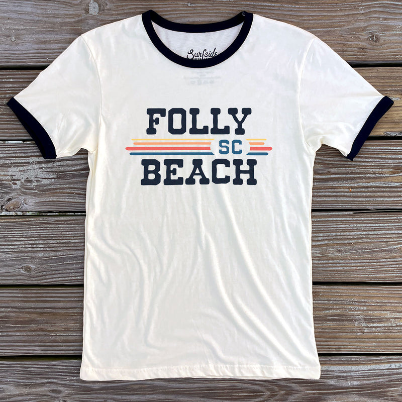 Folly Beach, SC (Vintage Sunset) Unisex Ringer T-Shirt