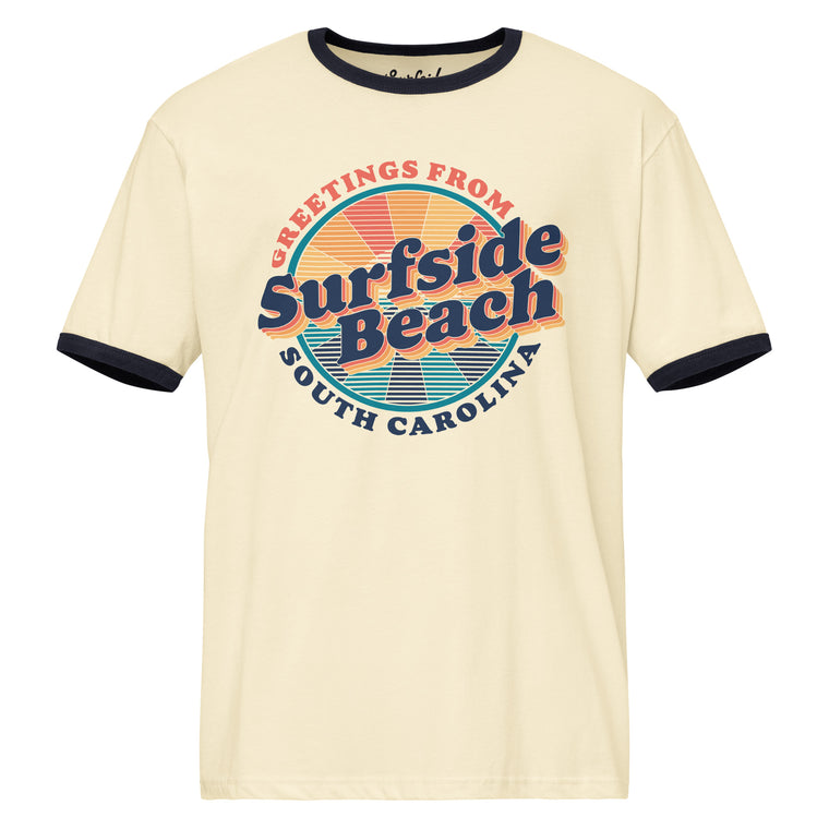 Greetings from Surfside Beach (Sunburst) Unisex Ringer T-shirt