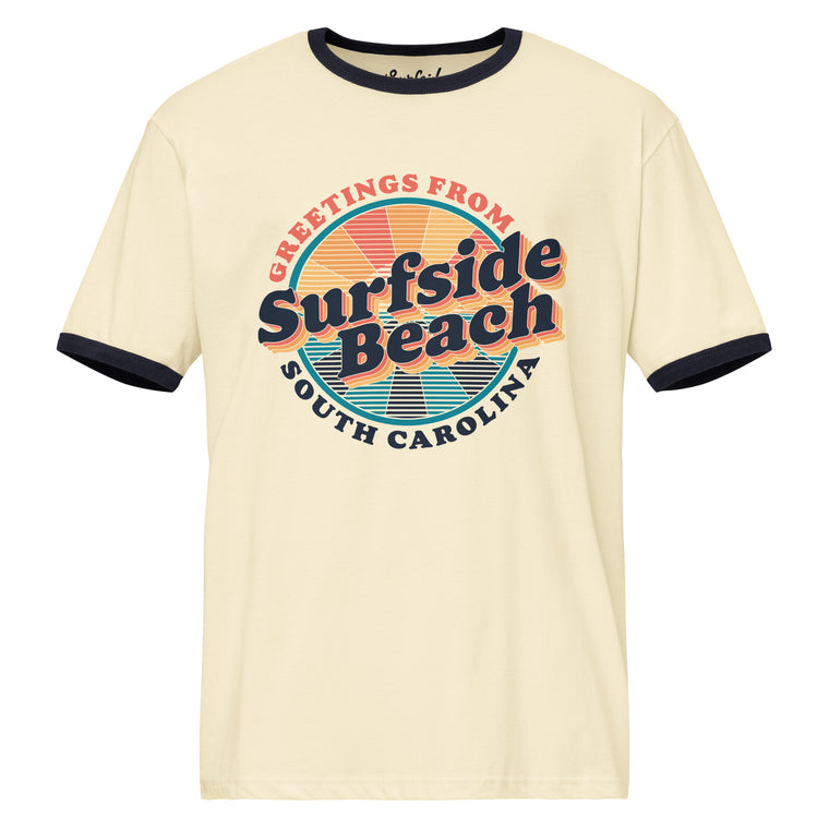 Greetings from Surfside Beach (Sunburst) Unisex Ringer T-shirt
