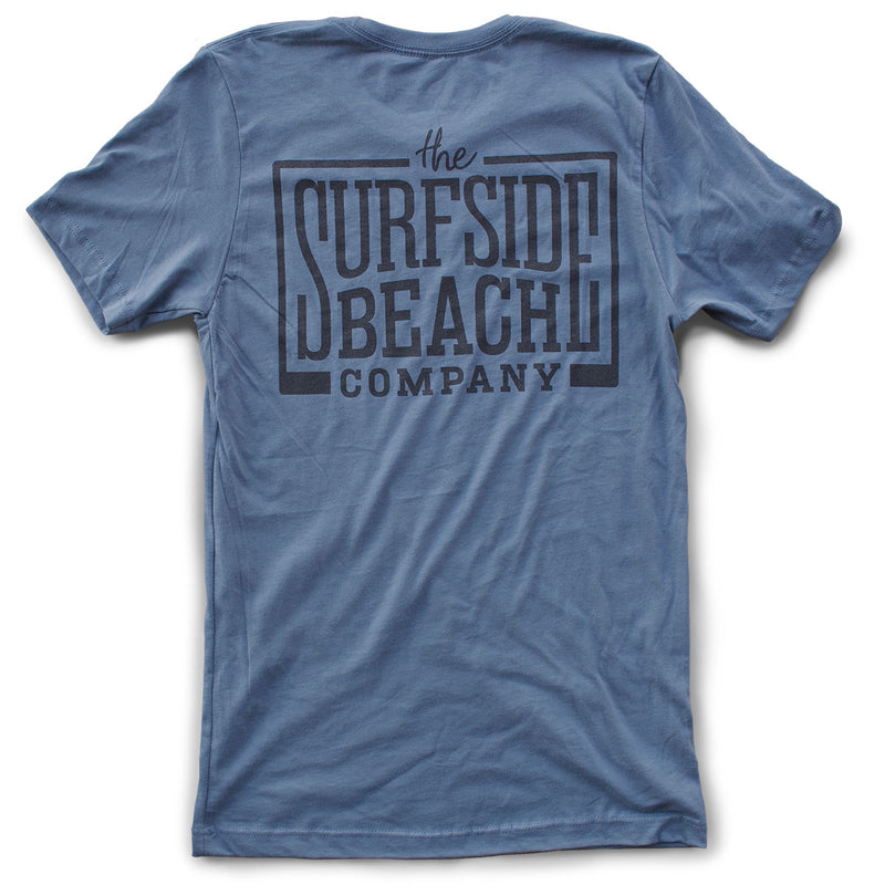 The Surfside Beach Company (logo) premium steel blue T-shirt back