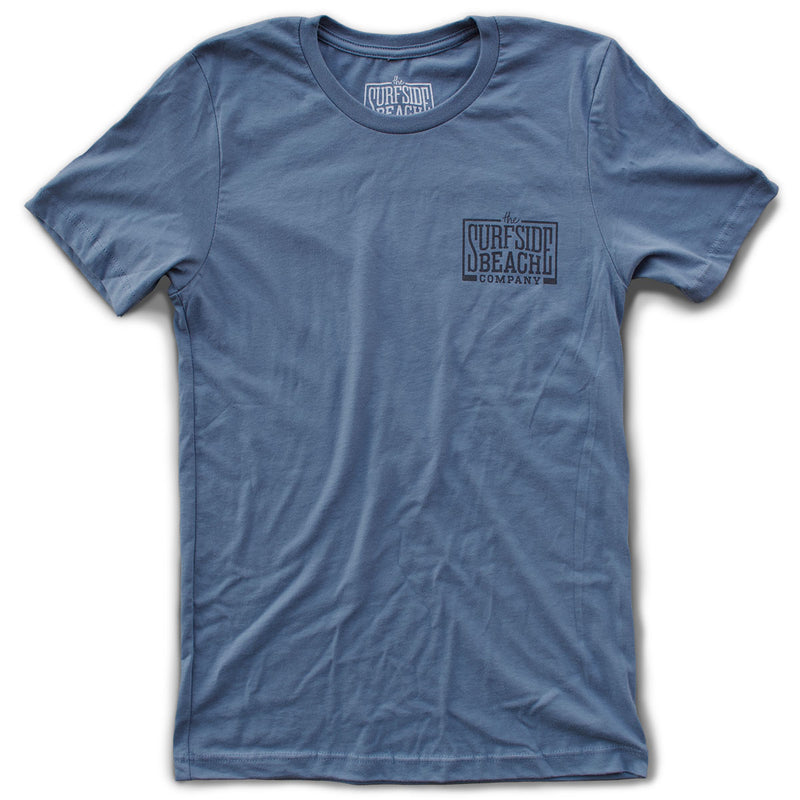 The Surfside Beach Company (logo) premium steel blue T-shirt front