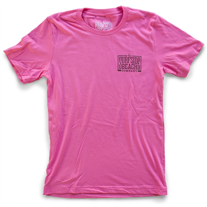 The Surfside Beach Company (logo) premium charity pink T-shirt front