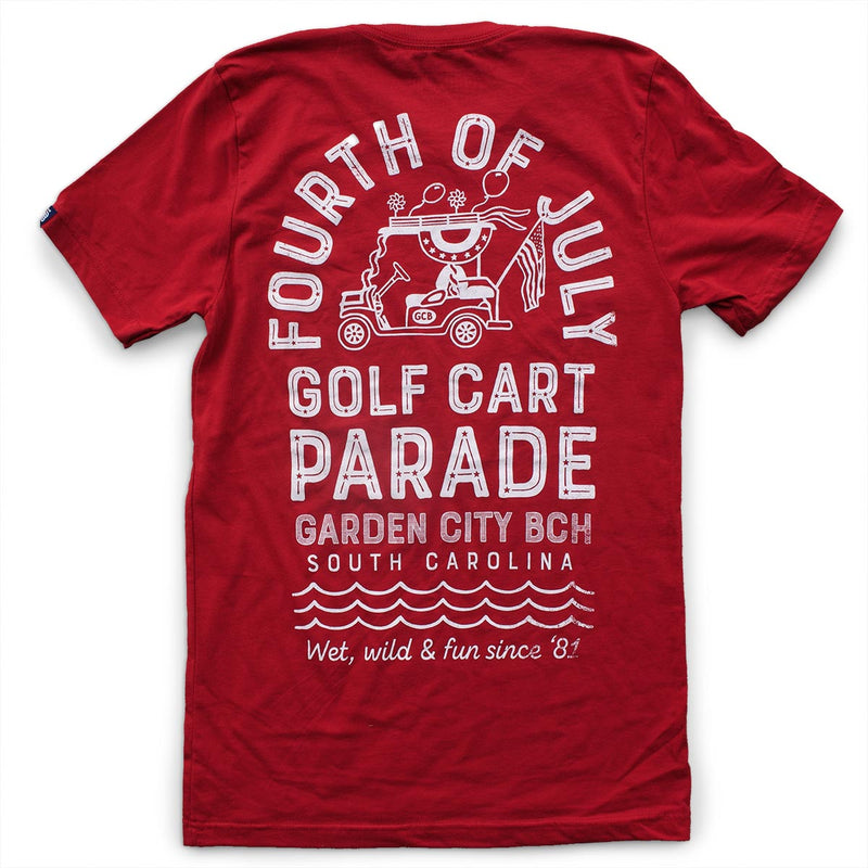 Garden City Beach 4th of July Golf Cart Parade premium canvas red T-shirt (back)