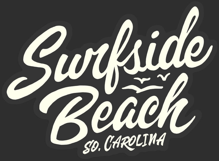 Surfside Beach, So. Carolina (Script) die cut sticker blue